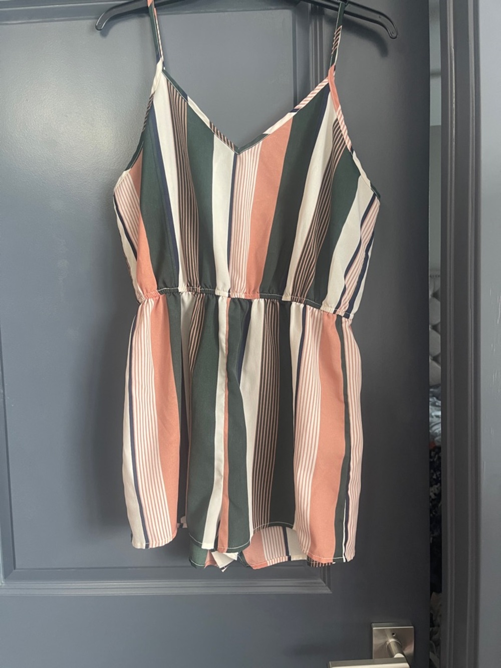SHEIN Striped Sleeveless Romper in Coral, Dark Green & Cream